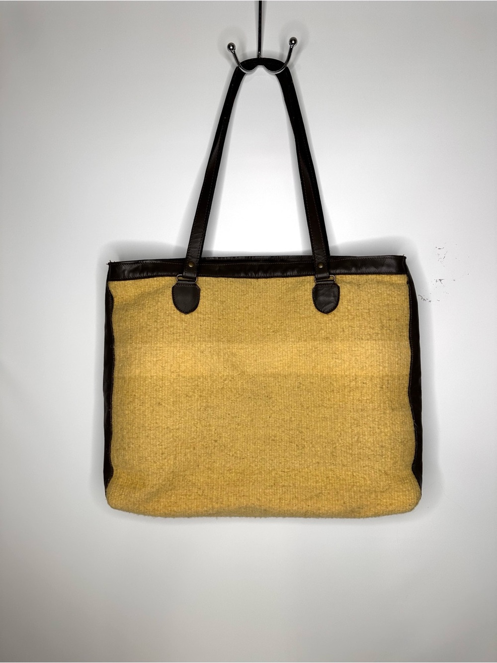 Manos Zapotecas Handwoven Yellow Horse Motif Tote Bag with Brown Leather Trim - Picture 3 of 7